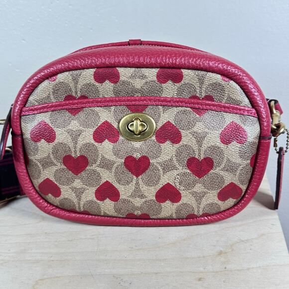 Coach Camera Bag In Signature Canvas With Heart Print Tan Brass Red Coated - Picture 1 of 12